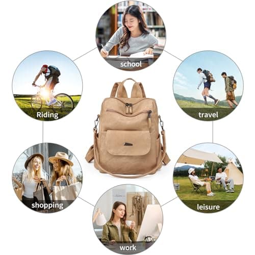 Puwuzixi Women Backpack Waterproof Anti-Theft Lightweight PU Fashion Travel Multipurpose Convertible Purse Shoulder Bag Handbag Backpack Khaki — view 6