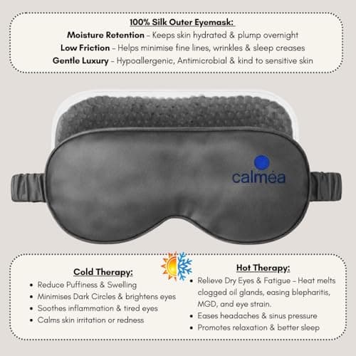 Calméa® Hot & Cold Weighted Silk Sleep Eye Mask with Adjustable Straps – 100% Mulberry Silk, Blackout & Steamer with Gel Bead Technology for Dry Puffy Eyes (Charcoal Grey, Adjustable Strap) — view 5