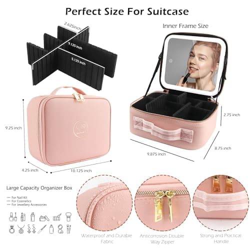 MOMIRA Travel Makeup Bag Cosmetic Bag Makeup Organizer Bag with Lighted Mirror, Adjustable Brightness in 3 Color Scenarios, Waterproof Makeup Train Case, Gift for Women - Pink — view 2