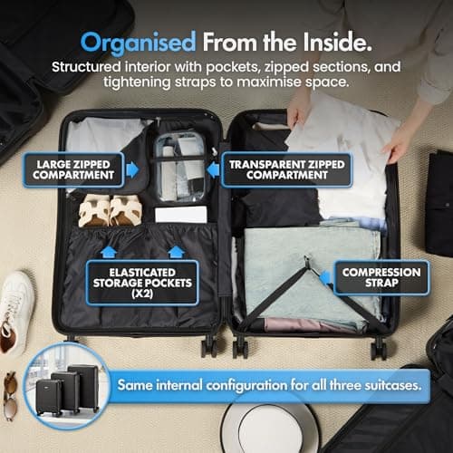 VonHaus Suitcase Set - Black Luggage Set for Travel - 3 Piece Lightweight ABS Hard Shell Suitcases - Telescopic Handle & Double Spinner Wheels - TSA Lock & Anti-Theft Zip - Large, Medium & Cabin Bag — view 4