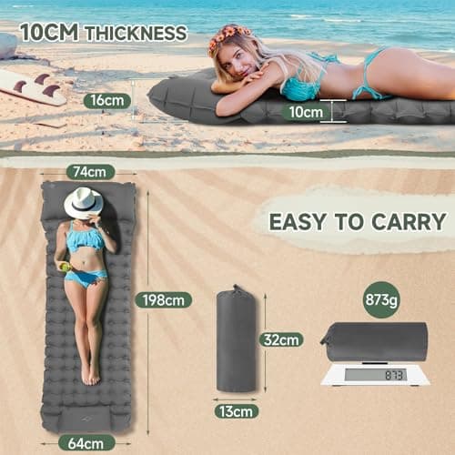 Aptliton Inflating Sleeping Pad for Camping, 10cm Thickness Camping Mat with Built-in Foot Pump, Inflatable Sleeping Mat with Pillow for Backpacking, Camping, Hiking (Grey) — view 2