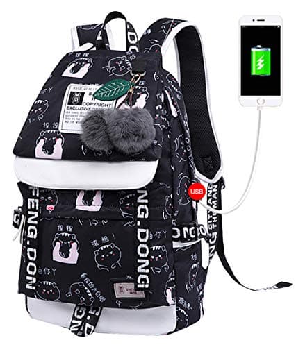 SellerFun Teenage girls' Backpack Middle School Students Bookbag Outdoor Daypack With USB charge Port (1# Black, 20 Liters) — view 2