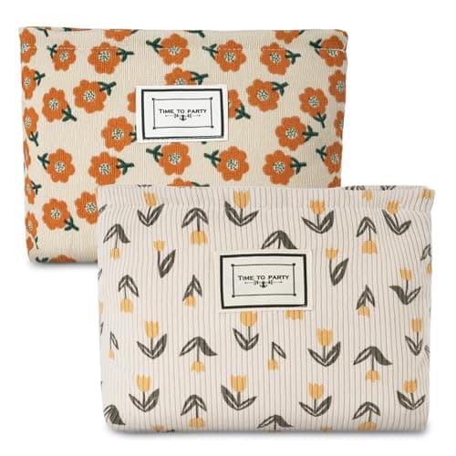 Aucuu Cosmetic Bags, 2 Pcs Small Floral Canvas Cosmetic Bag, Rose Flower Printing Corduroy Toiletry Bag, Multifunctional Travel Makeup Bag with Metal Zipper for Women Girls Gift