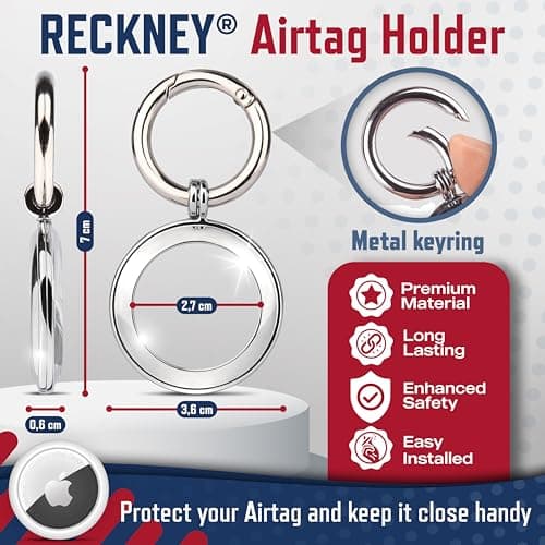 RECKNEY Metal AirTag Keychain Case Silver - Airtag Keyring compatible with Apple AirTag - Air tag Bumper - Apple AirTag Holder for Keys, Wallets, Bags, Kids, Backpacks, Dogs and Cat Collar Pets — view 4
