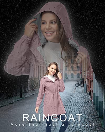 33,000ft Women's Rain Jacket Lightweight Hooded Long Rain Coat Waterproof Jacket Ladies Packable Functional Jacket Windbreaker Breathable Active Outdoor Coats Dotted Pink 3XL/20-22 — view 3