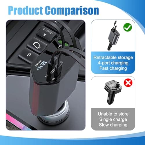Retractable Car Charger, 4-in-1 Car Phone Charger 120W Fast Charge with 2 Retractable Cables and 2 USB Ports, Dual USB Ports Car Cigarette Lighter Adapter for Phone, Tablets, Multifunctional — view 5