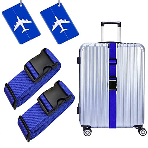 2 Pack Suitcase Straps 2 Pack Luggage Tags,Adjustable Personalised Luggage Straps Belts Set,Travel Suitcase Tags With Name ID Card,Travel Accessories (blue)
