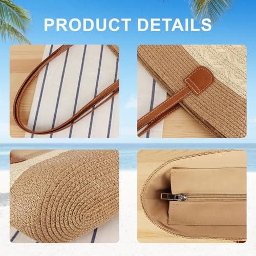 Pahajim Straw Tote Bags for Women with Zip Woven Raffia Handbag Brown — view 3
