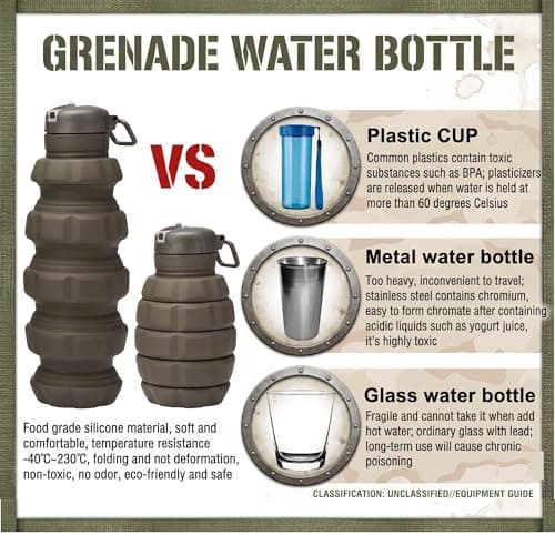 Grenade Shaped Collapsible Water Bottle 500ml, Army Green Silicone Folding Sports Flask with Carabiner, Leak Proof Novelty Gift for Military & Tank Fans, Gym, Camping & Hiking — view 3