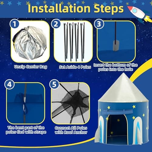 KORIMEFA Rocket Ship Play Tent for Kids Age 1-8, Blue, 105x105x135cm — view 5