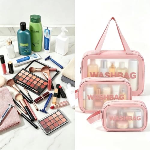 WUBAYI 5Pcs Clear Toiletry Bag, Waterproof PU Makeup Bag with Zipper Handle, Portable Airport Cosmetic Bag for Women & Men, Travel Accessories Wash Bag for Travelling & Holiday (Pink) — view 5