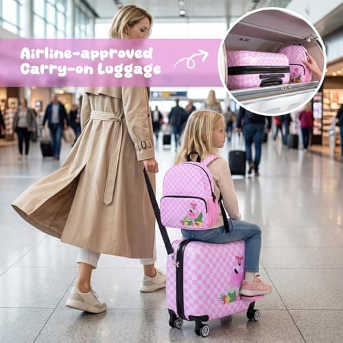 COSTWAY 2PCS Kids Luggage Set, Children Backpack and Ride-on Suitcase with Footrest, Anti-Lose Rope, Travel School Trolley Hardshell Case for Boys Girls (Flamingo, 28cm Backpack + 33cm Suitcase) — view 5