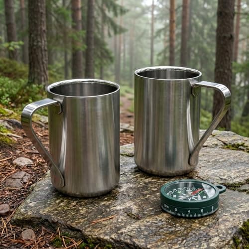 Focenat Set of 2 Stainless Steel Coffee Mugs, 300 ml Double Walled Insulated Cups with Handle, Metal Thermal Mug for Travel Home Office, Unbreakable Silver — view 3