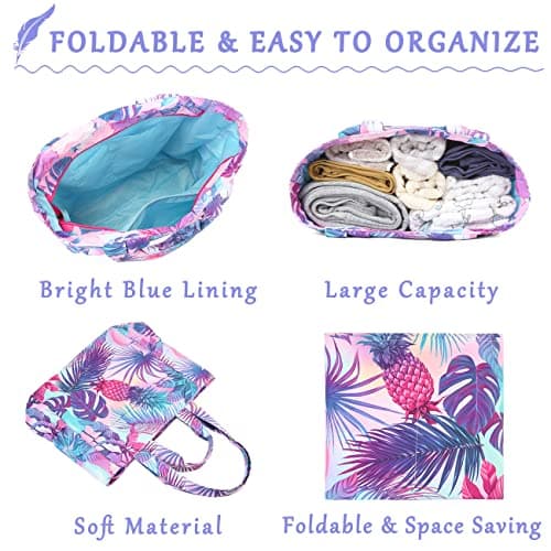 VASCHY Beach Bag for Women, Floral Lightweight Shoulder Tote Bag Foldable Water Resistant Sandproof Handbag Pool Gym Bag with Zip and Multi-pockets for Vacation, Travel(Purple Pineapple) — view 3