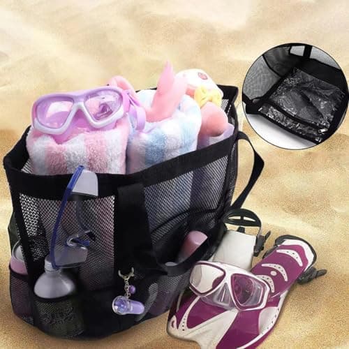 CCAIPU Large Mesh Beach Bag, Mesh Bag for Sand Toys, Foldable Handbags, Storage Bag with Pockets and Zip, for Beach, Holiday, Travel, Shopping (Orange) — view 5