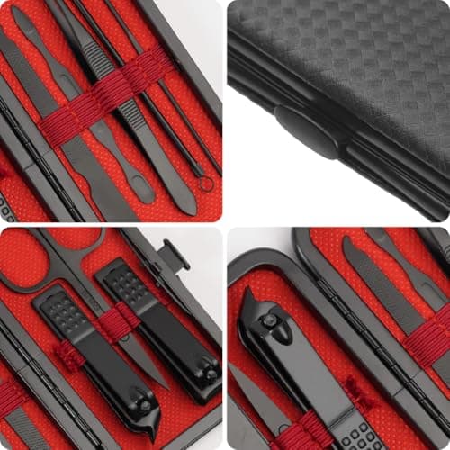 URAQT Professional Manicure Set, 8 pcs Portable Nail Clippers & Eyebrow Grooming Kit, Stainless Steel Nail Care Tools with Luxurious Leather Case for Travel & Home（Black-Red） — view 3