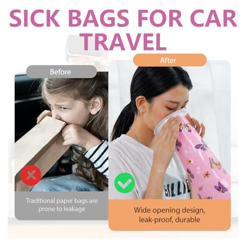 20Pcs Sick Bags with Cartoon Pattern, Disposable Vomit Bags for Travel, Leakproof Sickness Bags Barf Bags for Nausea and Vomiting for Children and Adults, Blue-Green Monsters and Pink Butterflies — view 5