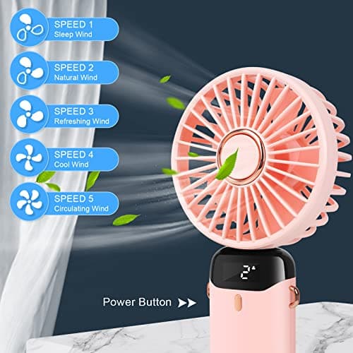 LYMYBETY Portable Handheld Fan, 4000mAh Mini USB Rechargeable Fan with Digital Display, Small Personal Pocket Fans with 5 Speeds, Hand Held Fans with Lanyard and Base for Home Travel (Pink) — view 3