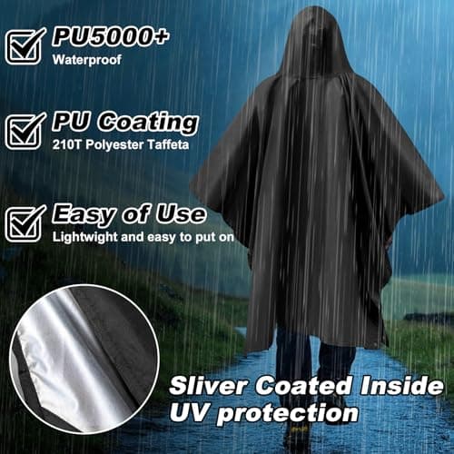 Dr.Fish Waterproof Rain Poncho for Adults, Lightweight Hooded Rain Coat Jacket with Pockets, Breathable Ripstop Rainwear for Hiking Camping Cycling, Packable with Storage Bag Black-Sliver — view 3