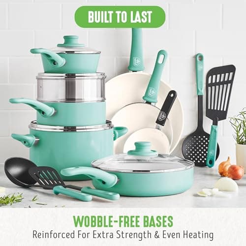 GreenLife Soft Grip Healthy Ceramic Nonstick 16 Piece Kitchen Cookware Pots and Pans Set, Includes Frying Pan Skillets Sauce and Casserole, PFAS-Free, Oven Safe, Turquoise — view 6