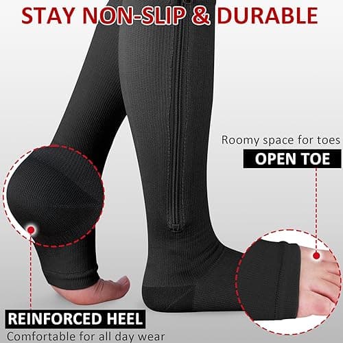 Ailaka Zipper 15-20 mmHg Compression Socks for Women Men, Knee High Open Toe Support Graduated Medical Varicose Veins Hosiery for Edema, Swollen, Pregnancy, Recovery (1 Pair) — view 3