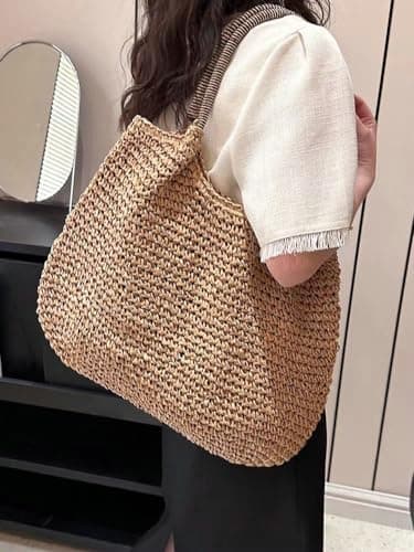 Hzxsny Lightweight Straw Bag for Women, Straw Beach Bag Tote Bag, Large Woven Tote Straw Bags, Summer Beach Rattan Handbag, Purple, One Size, Tote — view 2