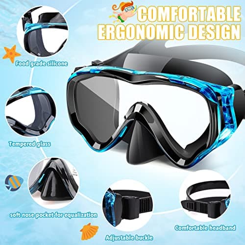 HIKOTEY Children's Snorkel Set,Panoramic Wide View Diving Mask,Snorkeling Gear Anti-Leak and Anti-Fog Tempered Glass Lens,Dry Snorkel Tube,Includes Earplugs and Nose Clip for Age 4-16 Years(Blue+Black — view 2