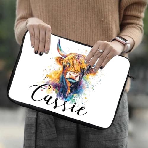 Personalised Colorful Highland Cow custom name gift for kids,Laptop Sleeve, Organiser, Laptop Case Office use. (14") — view 3