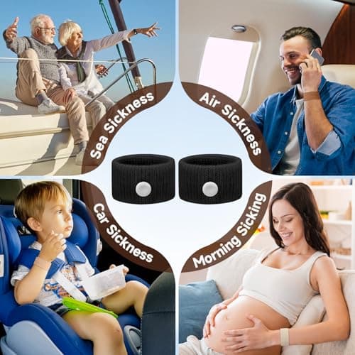 Travel Sickness Bands Pregnancy Nausea Relief Morning Sickness Relief Sea Sickness Acupressure Nausea Relief Band Motion Sickness Bracelets for Cruise-Black+Light Brown+Camel-3 Pairs — view 6