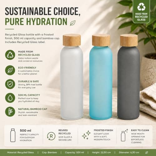 Personalised 500ml Recycled Glass Water Bottle with Bamboo Cap - Eco-Friendly Custom Engraved Frosted Reusable Bottle for Office, Gym & Travel — view 4