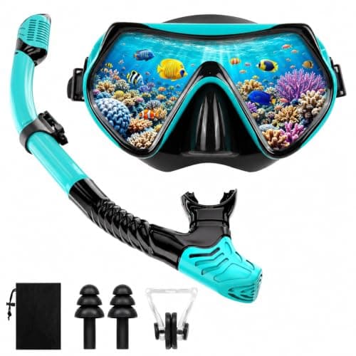 Adult Snorkelling Set with Dry Top Snorkel, Anti-Fog Tempered Glass Mask