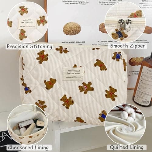 Aucuu 3PCS Coquette Makeup Bag, Quilted Makeup Bag for Women, Floral Cotton Cosmetic Bag Set, Large Capacity Aesthetic Floral Toiletry Bag, Travel Toiletry Bag, Wash Organizer Pouch for Women Girls — view 4