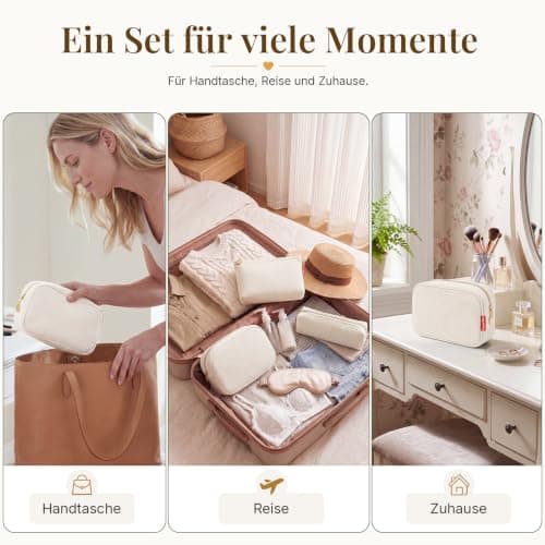 Captain Blues Makeup Bag 3 Piece Set, Corduroy Small Makeup Bag with Compartments, Cosmetic Bag Pouch, Toiletry Bag and Travel Make Up Bag for Handbag (Cream White) — view 6