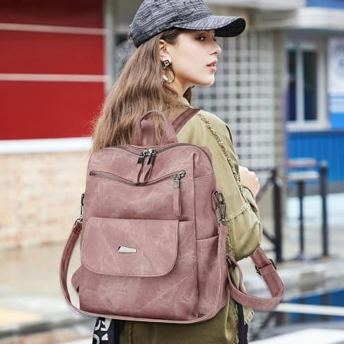 PU Leather Anti-Theft Backpack for Women - High Capacity Waterproof Rucksack, Fashion Handbag, School Bag, Retro Ladies Daypack for Work and Travel (Pink) — view 5