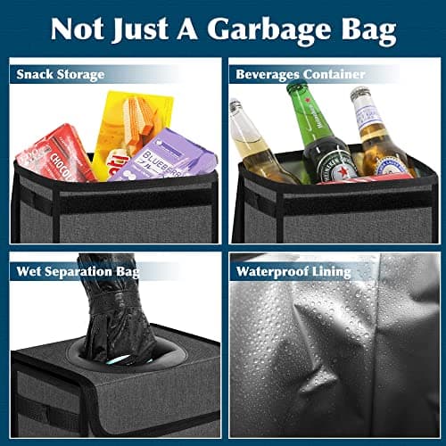 Leak Proof Car Trash Bag Waterproof Garbage Can with Lid for SUV Front Seat Multipurpose Car Hanging for Headrest Collapsible and Portable with Storage Mesh Pocket, Charcoal Gray — view 4