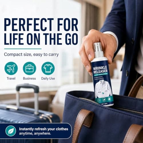 Instant Wrinkle Releaser Spray,Smooths Creases in Seconds,Wrinkle Release Spray Travel Size,Portable FabricWrinkle ReleaseSpray,Travel Garment Refresher,No Iron,Static-Free,Safe on Linen & Cotton — view 6