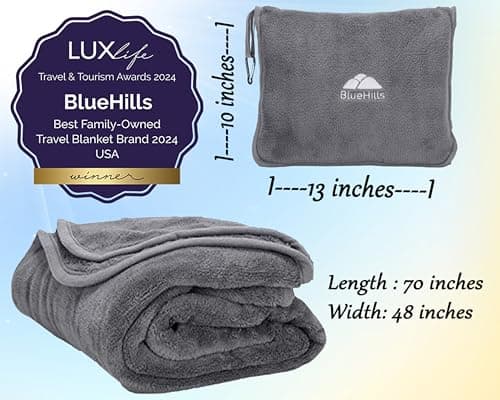 BlueHills Premium Soft Long Travel Blanket Pillow for Tall Airplane Flight Blanket Throw in Soft Bag case with Hand Luggage Belt & Backpack Clip Compact Pack Large Blanket Grey Gray T052 — view 5