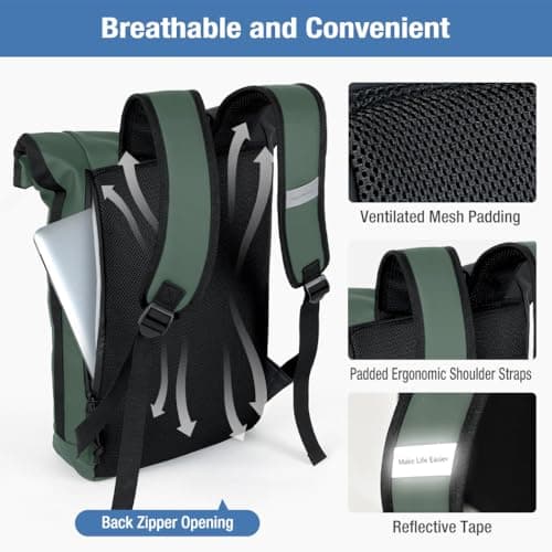 Lekeinchi 17-Inch Waterproof Laptop Backpack for Men and Women - Roll Top Design for School, Travel, Business, Work, and Camping(Green) — view 5