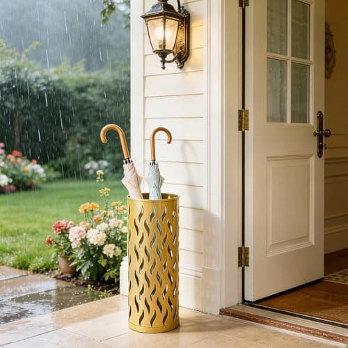 HUAXITRA Umbrella Stand Metal Umbrella Holder for Entryway, Umbrella Storage Rack with 4 Hooks Decor, Walking Stick Stand Indoor/Outdoors for Entryway Home, Office, 15 × 15 × 42cm (Gold) — view 2
