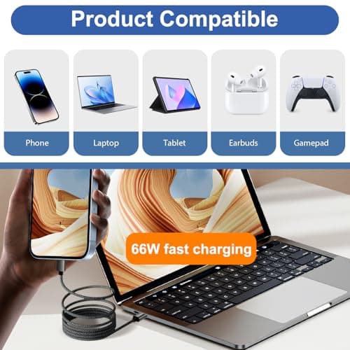 Magnetic USB C Cable 60W, Coiled USB-C to USB-C Retractable Nylon 1M — view 5