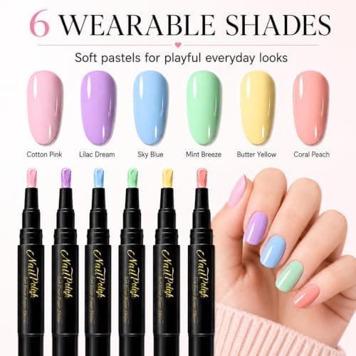 6PCS Nail Polish Pens Set - 3-in-1 One Step Quick Dry Nail Varnish Pens, Air Dry No UV Lamp, Pastel Pink Purple Blue Green Yellow Coral, Easy Nail Art Pens for Real Nails, DIY Manicure Home — view 4