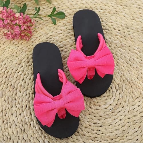 Flower Flip Flops Women Beach Slippers Size 8 Boho Open Toe Slip on Flat Sandals Summer Comfortable Yoga Mat Thong Sandals for Pool, Travel Vacation Slippers Bow Hot Pink Footwear Gift — view 3
