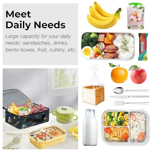 Clastyle Forest Animal Insulated Kids Lunch Bag Leaf Large Thermal Cooler Bag for Boy Picnic School Toddler Lunch Box Tote,Black — view 4