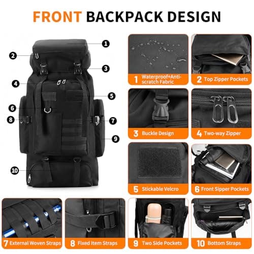 HUAXITRA Hiking Backpack Camping Military Tactical Backpack, 80L Waterproof Large Rucksack Travel Daypack for Men Women, Molle Rucksacks Climbing Backpack for Hunting Rucksack (Black) — view 4