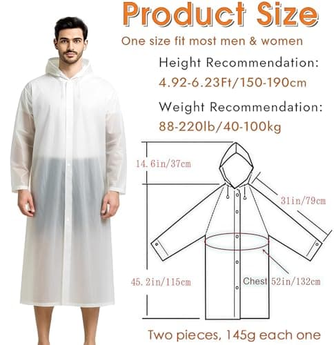 JXJIUA 2 Pack Rain Ponchos for Men/Women Adult Waterproof Reusable Emergency Raincoats with Hood and Drawstring -Lightweight White — view 2