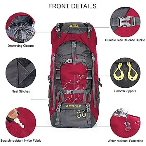 NACATIN Hiking Backpack, 60L Large Rucksack for Men Women, Tear and Water-resistant Ideal for Camping Trekking Travel Outdoor (Red) — view 2