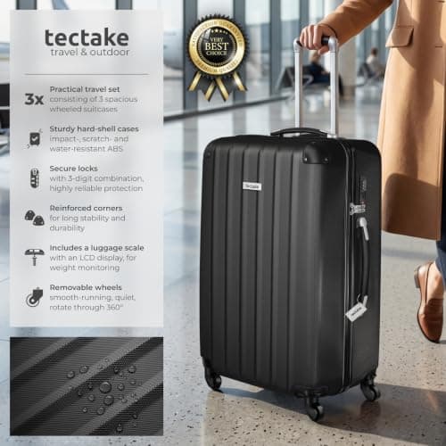 tectake® 3-Piece Hard Shell Suitcase Set in Durable & Shock-Resistant ABS with 3-Step, Telescopic Handles, Combination Locks, Smooth 360° Wheels, Luggage Scale & Tags, Dividable Interiors - Black — view 2