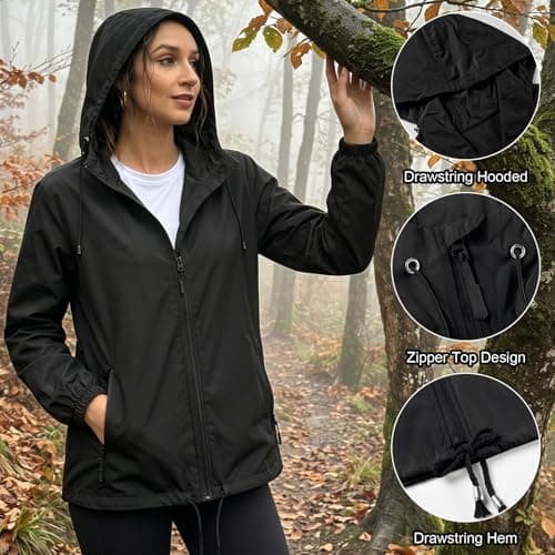 Fjquamitix Women's Jackets Lightweight Waterproof Jacket With Hooded Packable Waterproof Raincoat Women Rain Coat Ladies Summer Jackets For Hiking Travel (UK, Alpha, L, Regular, Regular, Black) — view 3