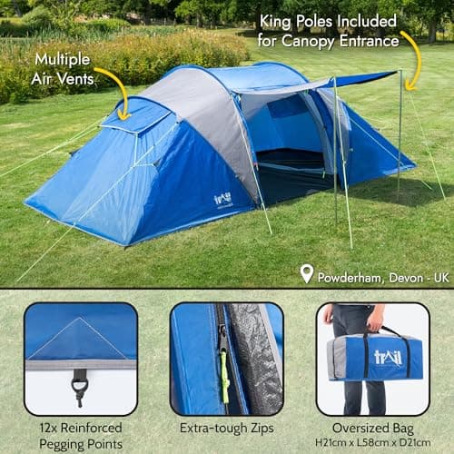 Trail Hartland 4 Man 2 Room Tent With Living Area and Awning, 3000mm Waterproof Rating, Tunnel Tent with Dark Zone Bedroom Technology, Family Camping, Bag Included (420cm x 210cm x 140/115cm) — view 5