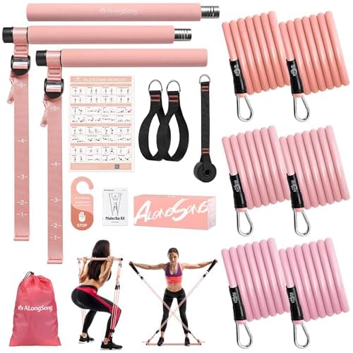 ALongSong Pilates Equipment Pilates Reformer Bar Set With 6 Resistance Bands 20/30/40lbs, Door Anchor & Hook Fitness Equipment for Full-Body Toning & Muscle Building | Home Workout/Gym/Travel Use
